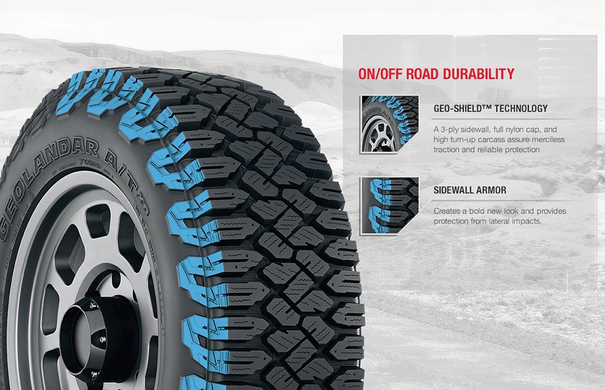 Infographic showing a close-up view of the Yokohama GEOLANDAR A/T XD tire with highlighted details about its Geo-Shield™ technology and sidewall armour for better on/off-road durability.